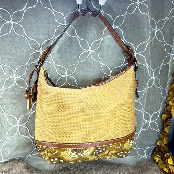Vintage Fossil shoulder bag in caramel, fabric with leather details, florar - Picture 1 of 15